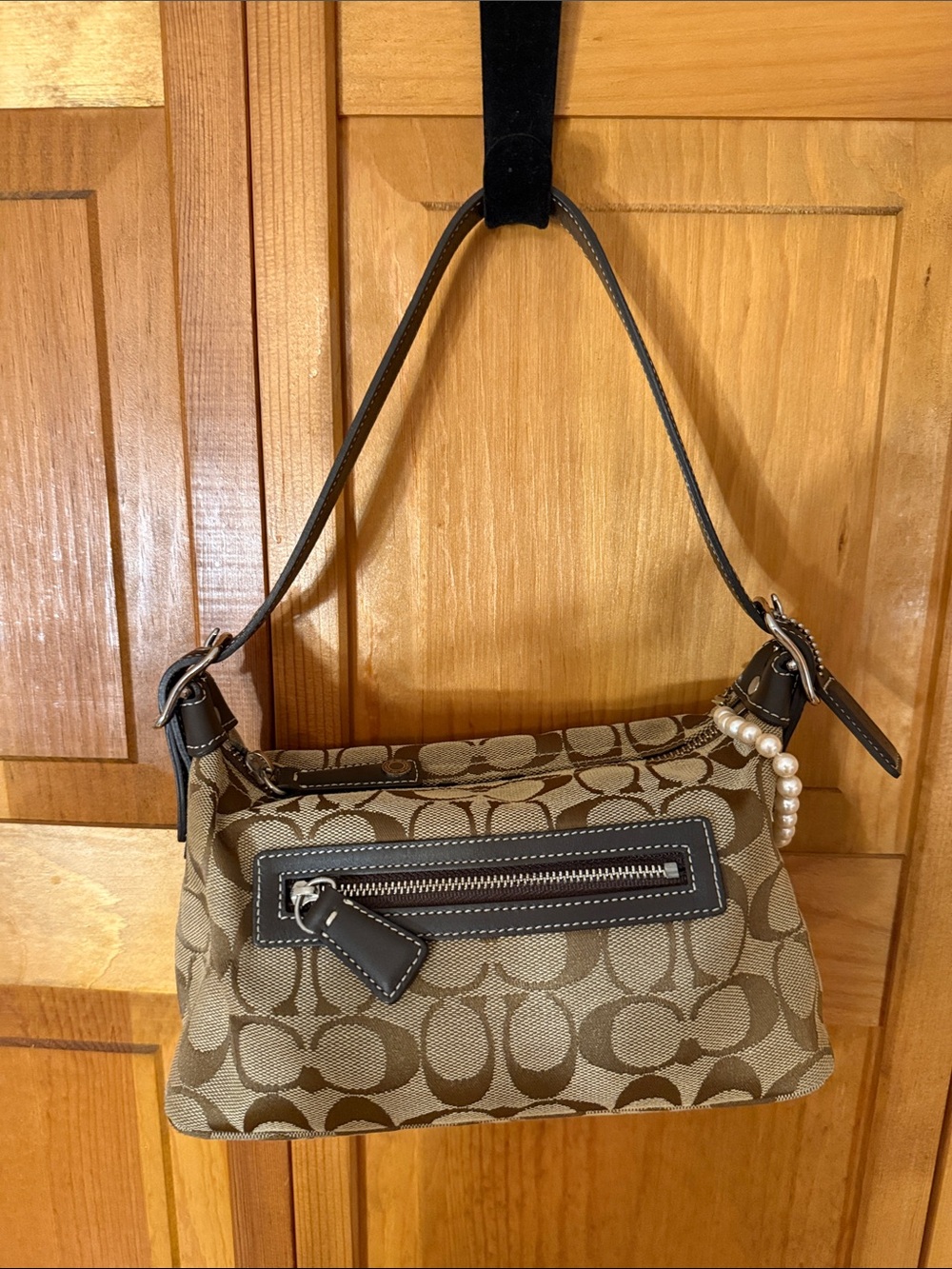 Coach Khaki and Brown Signature Canvas Shoulder Bag